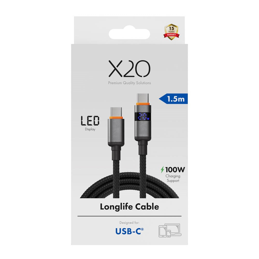 X2O Longlife USB-C til USB-C Kabel m. LED Display - 1.5m / 100W - Sort