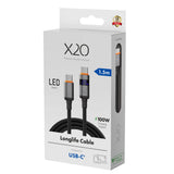 X2O Longlife USB-C til USB-C Kabel m. LED Display - 1.5m / 100W - Sort