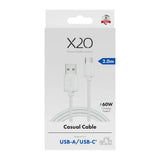 X2O Basic USB-A til USB-C Kabel - 2m / 60W - Hvid