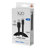 X2O Longlife USB-A til USB-C Kabel - 1m / 60W - Sort