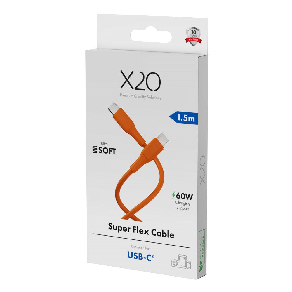 X2O Superflex USB-C til USB-C Kabel - 1.5m / 60W - Orange
