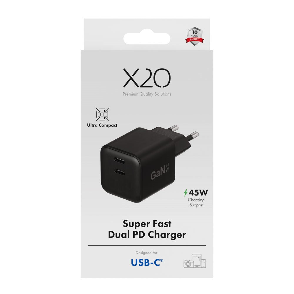 X2O GaN Vægoplader m. 2x USB-C - 45W - Sort