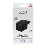 X2O GaN Vægoplader m. 2x USB-C - 45W - Sort