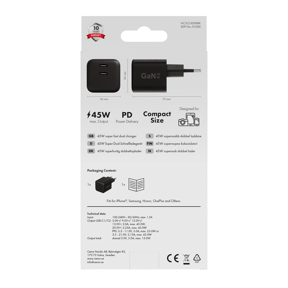 X2O GaN Vægoplader m. 2x USB-C - 45W - Sort