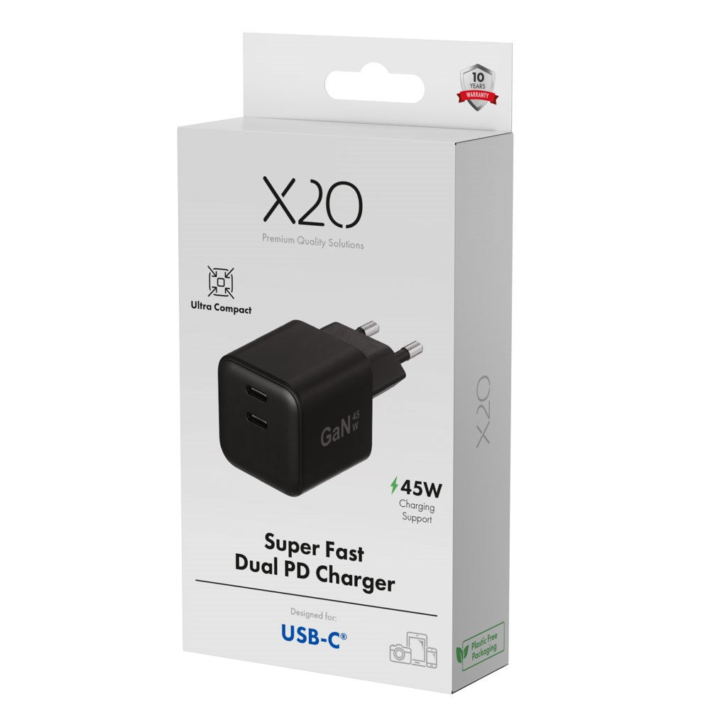 X2O GaN Vægoplader m. 2x USB-C - 45W - Sort