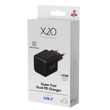 X2O GaN Vægoplader m. 2x USB-C - 45W - Sort