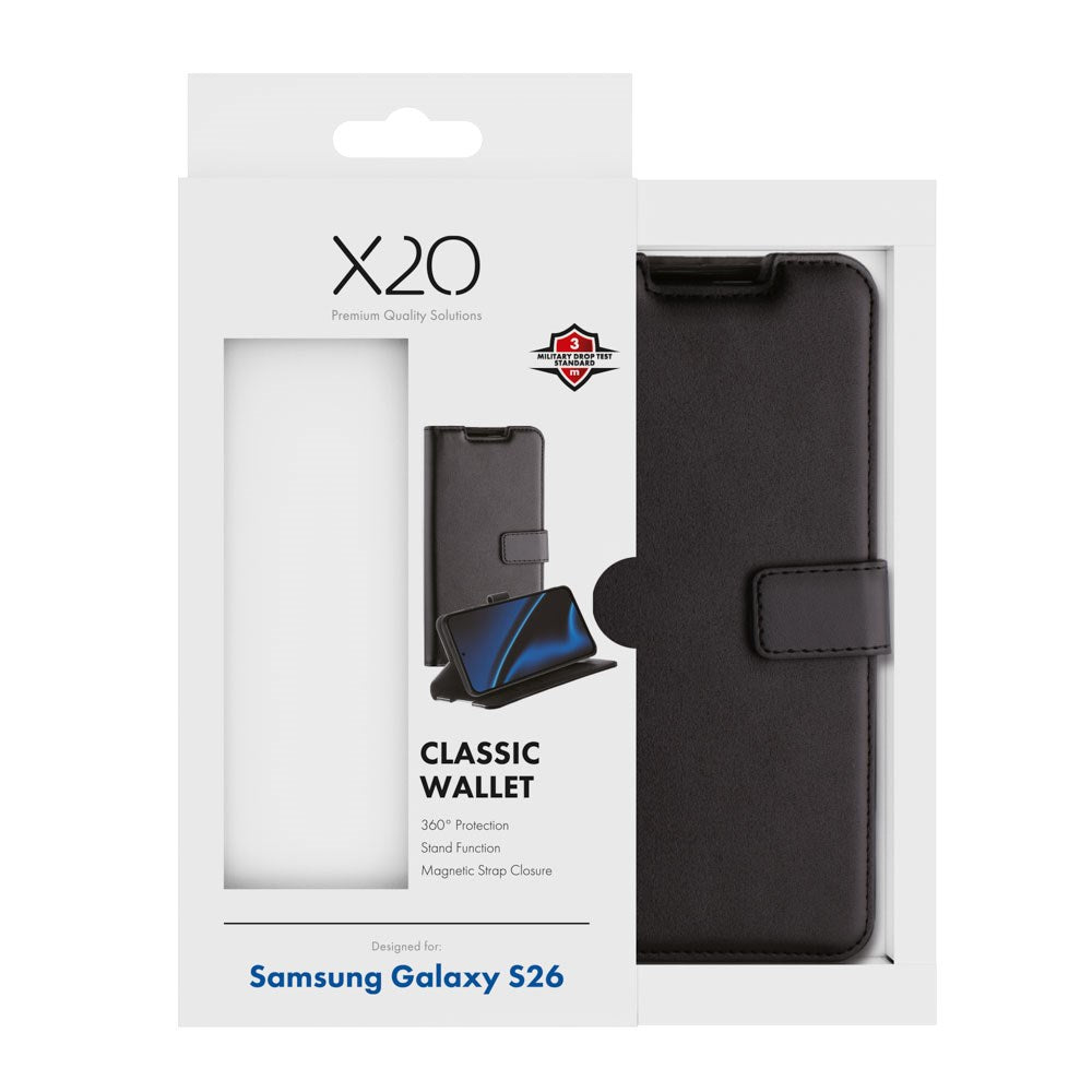 Samsung Galaxy S26 X2O Classic Wallet Flip Cover m. Kortholder & Ståfunktion - Sort