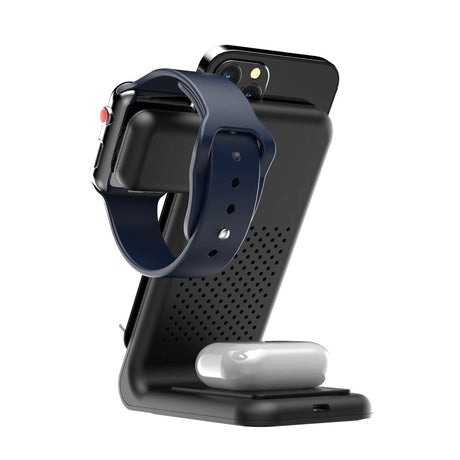 Tech-Protect A20 3-in-1 Trådløs Oplader Station m. Lys 15W - Apple Watch, AirPods & Smartphone - Sort