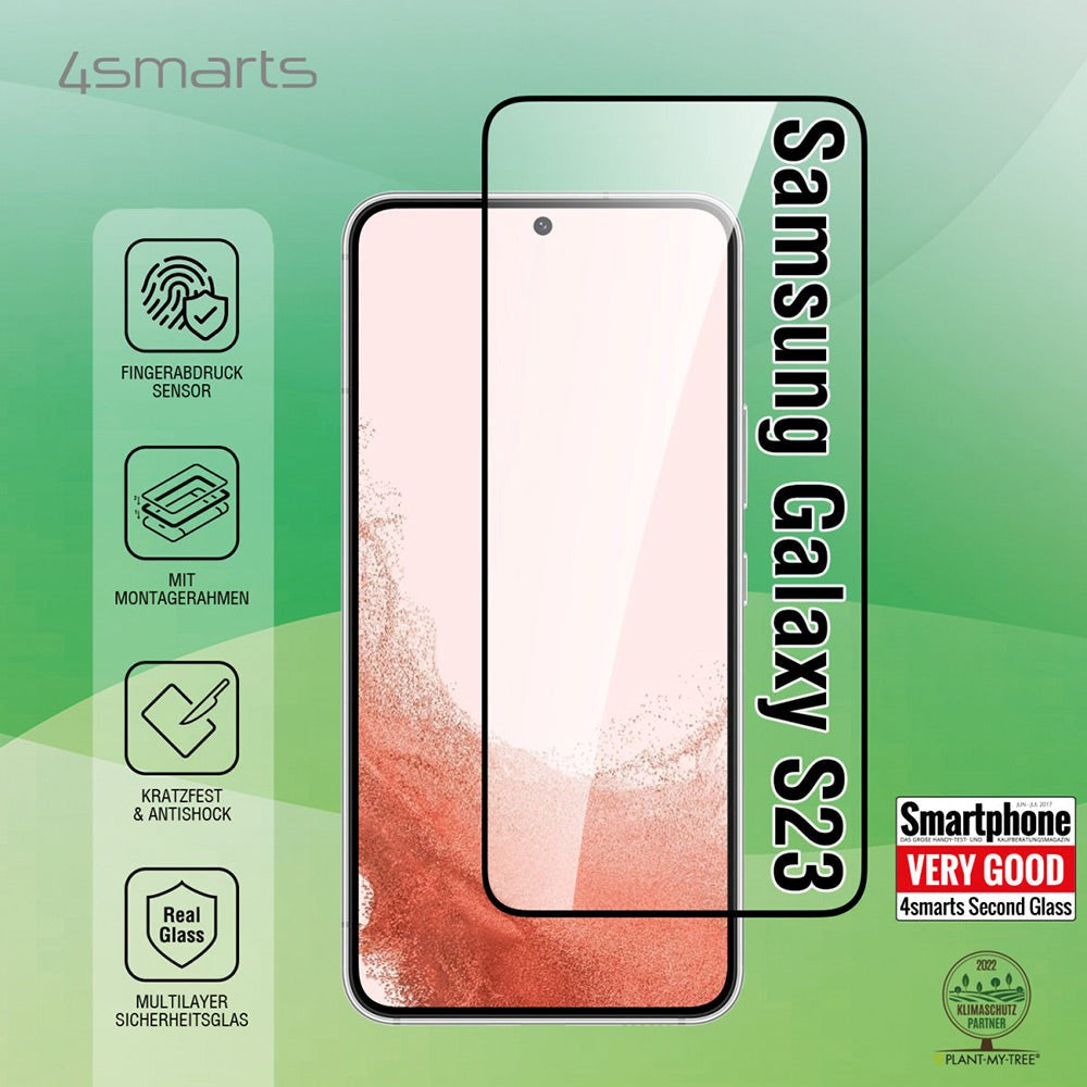 Samsung Galaxy S23 4smarts Second Glass X-Pro Clear Hærdet Glas m. Monteringsramme - Case Friendly - Sort Kant