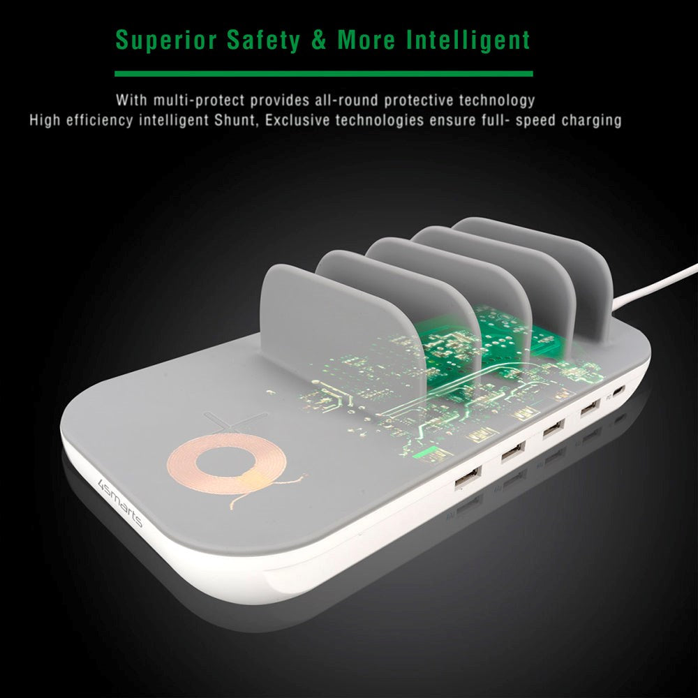 4Smarts Charging Station Family Evo Version 63W m. Trådløs Oplader - 5 x Opladerkabler & Airpod Opladerstander - Grå / Blå