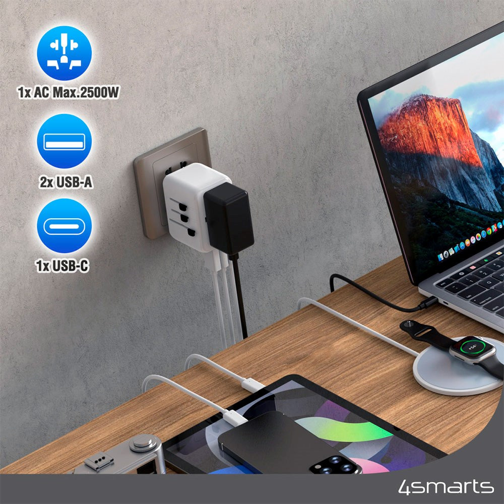 4smarts World Rejseadapter m. 2 x USB-A, 1 x USB-C & 1 x AC Stikkontakt - Hvid