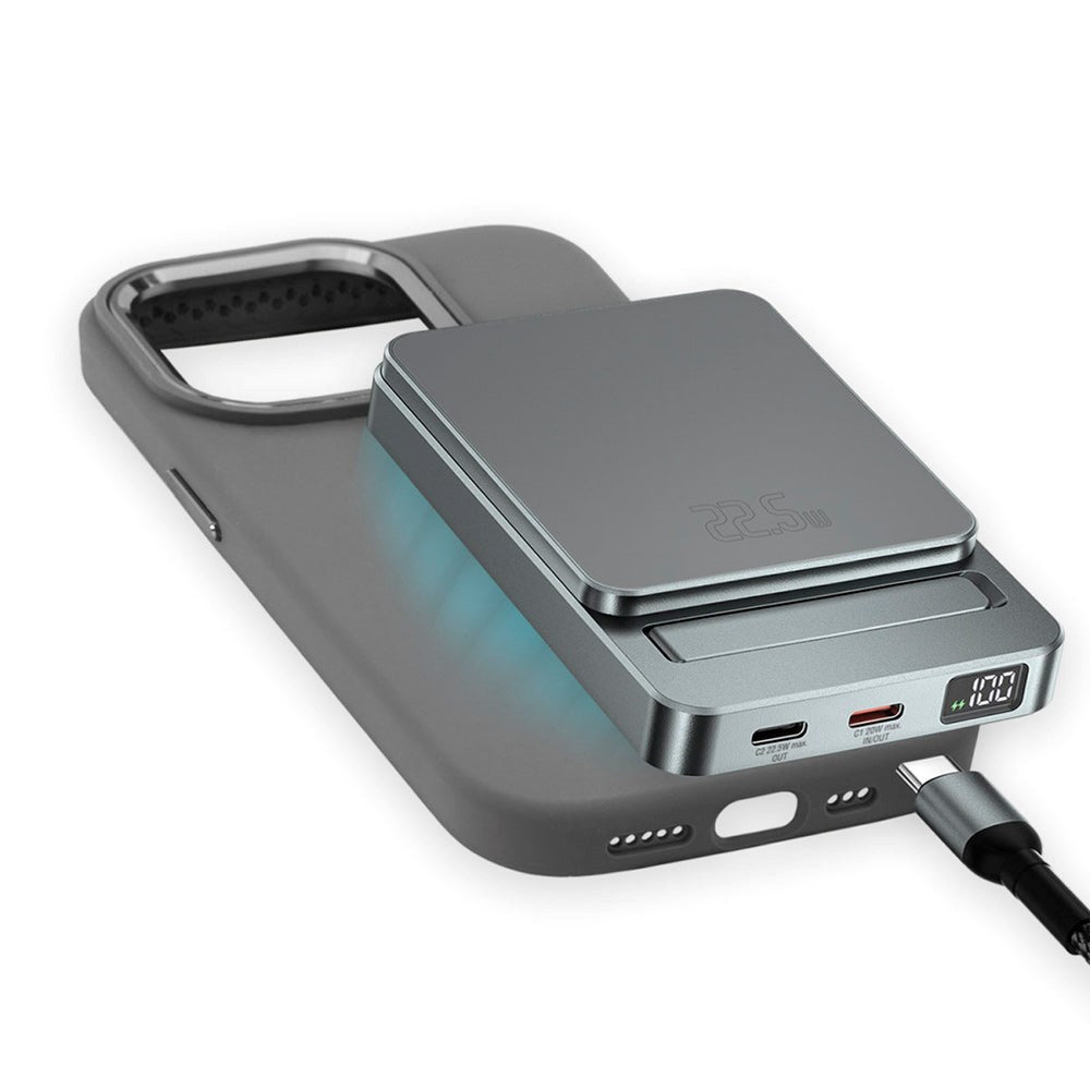 4Smarts OneStyle iPhone 15 Pro Silikone Cover - MagSafe Kompatibel - m. MagSafe Kompatibel PowerBank 22.5W 5000mAh & USB-C til USB-C kabel - Grå