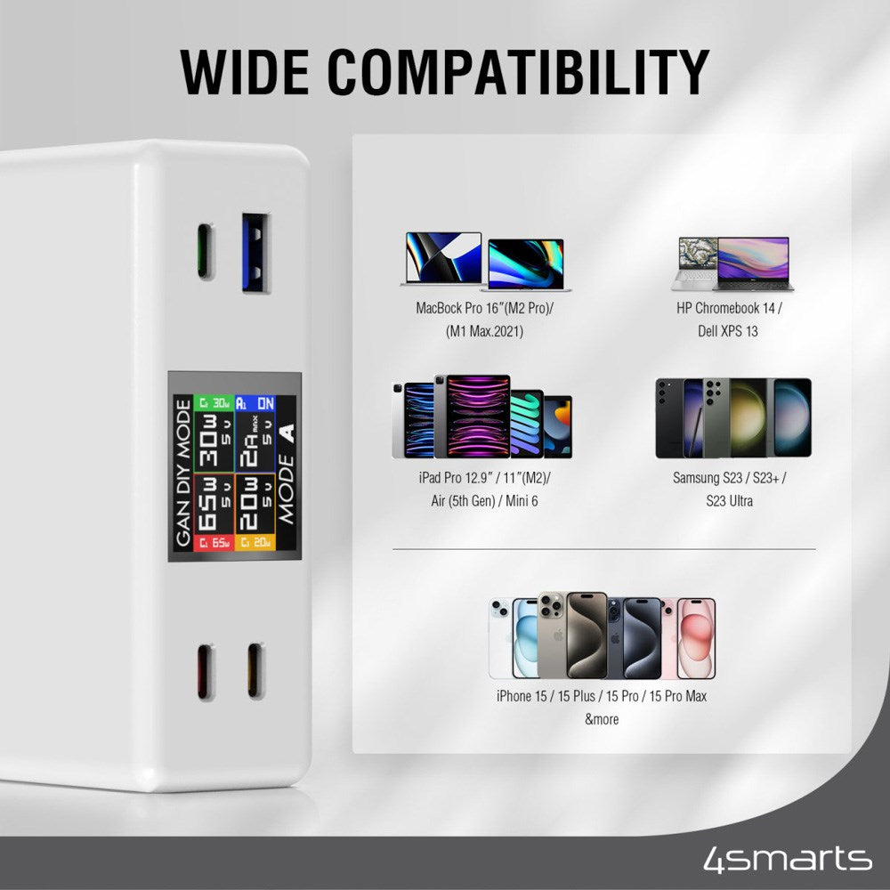 Bordoplader - 130W / 3x USB-C & 1x USB-A - 4smarts GaN DIY Mode - Hvid