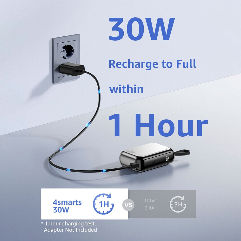 4smarts 10.000mAh Pocket Powerbank m. Indbygget USB-C Kabel 30W - Sølv