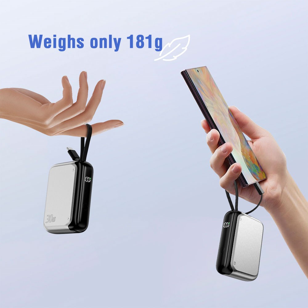 4smarts 10.000mAh Pocket Powerbank m. Indbygget USB-C Kabel 30W - Sølv