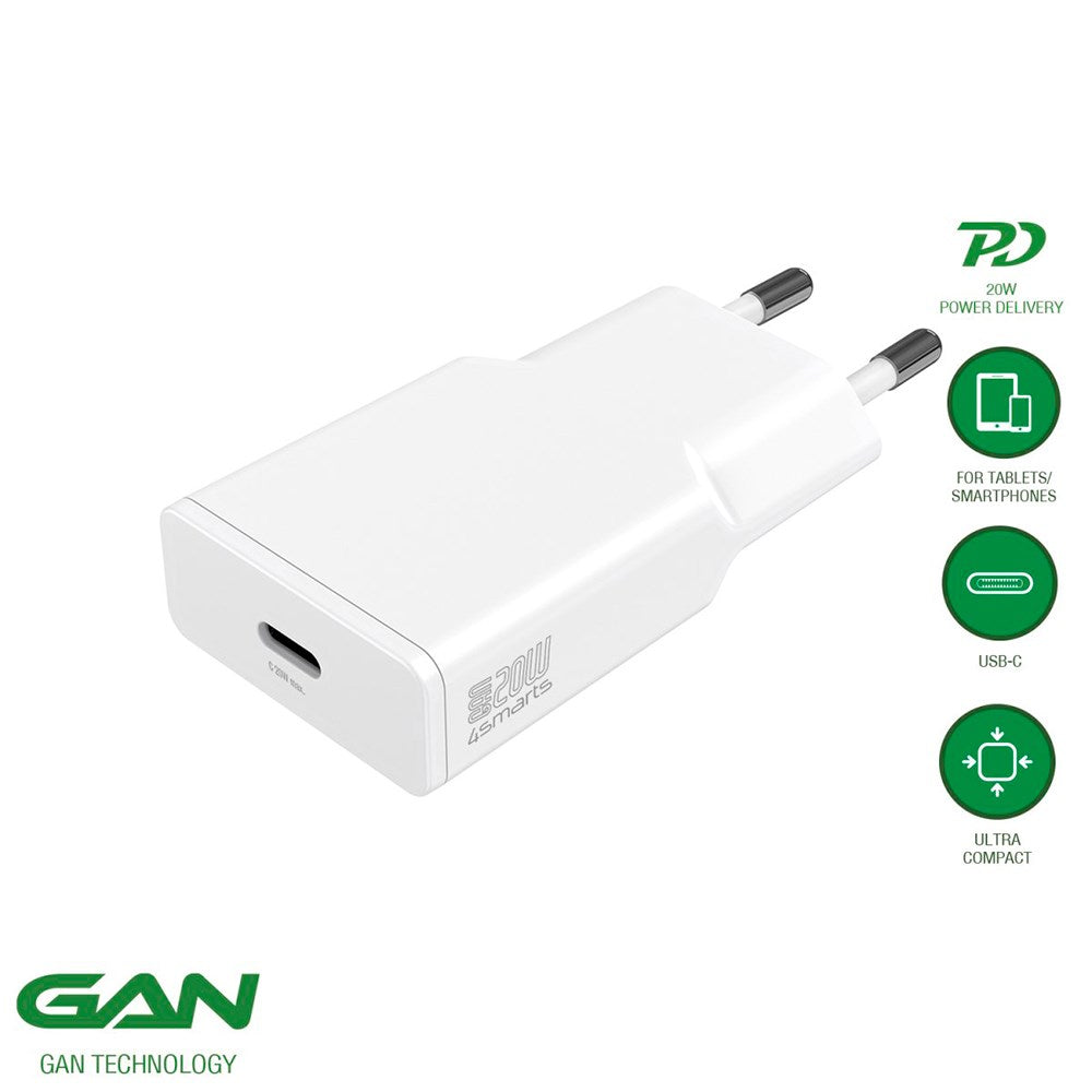 4Smarts PD Slim Vægoplader GaN 20W m. USB-C - Hvid