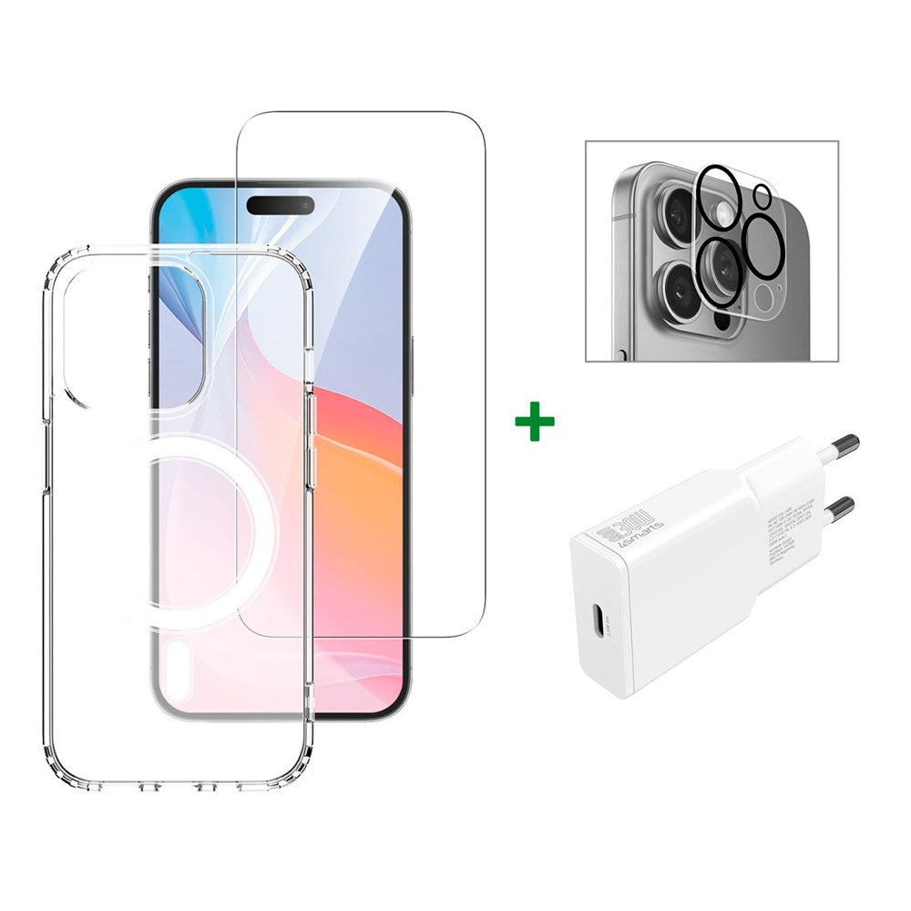 iPhone 16 Pro Max 4smarts Premium Starter Set - MagSafe Bagside Cover, Beskyttelse til Skærm og Kameralinse & 30W Vægoplader - Gennemsigtig / Hvid