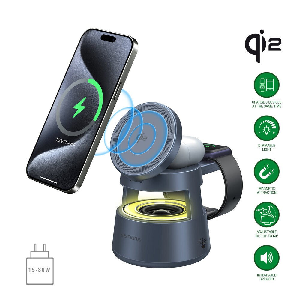 4smarts 3-i-1 Trådløs Oplader - Indbygget Lys / Bluetooth - Smartphone / Smartwatch / AirPods - MagSafe / Qi2 Kompatibel - Grå