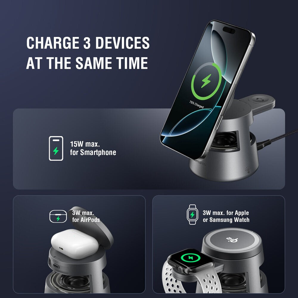 4smarts 3-i-1 Trådløs Oplader - Indbygget Lys / Bluetooth - Smartphone / Smartwatch / AirPods - MagSafe / Qi2 Kompatibel - Grå