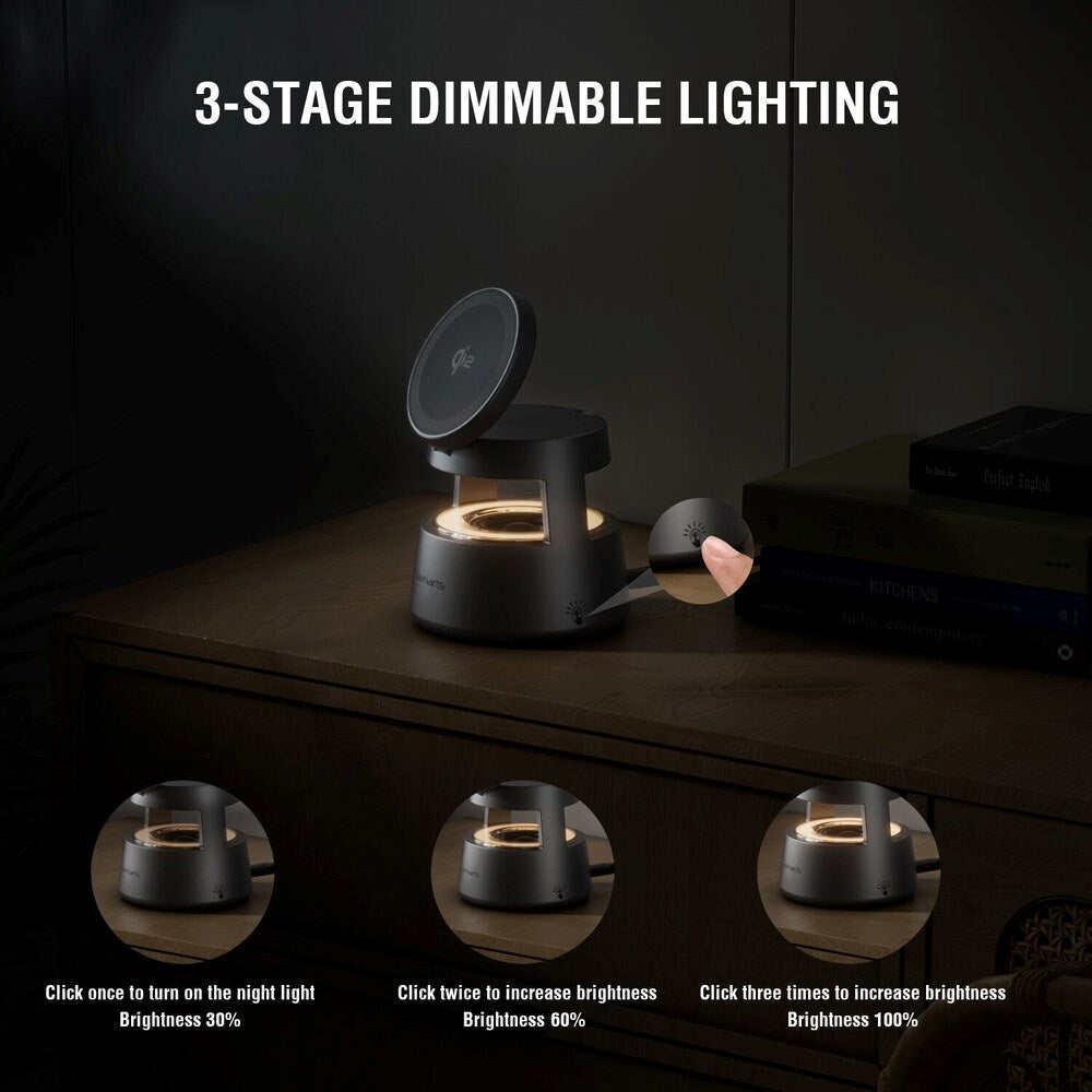 4smarts 3-i-1 Trådløs Oplader - Indbygget Lys / Bluetooth - Smartphone / Smartwatch / AirPods - MagSafe / Qi2 Kompatibel - Grå
