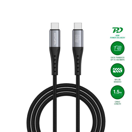 4smarts - USB-C til USB-C Kabel 60W - 1.5 m - Sort