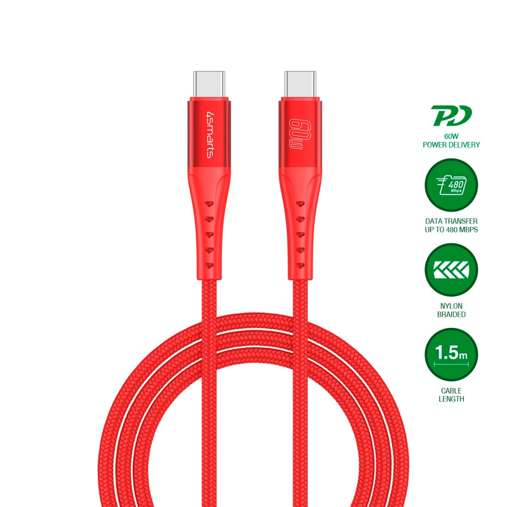 4smarts - USB-C til USB-C Kabel 60W - 1.5 m - Rød