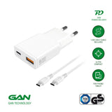 4smarts PDPlug Slim 20W Vægoplader med Indbygget USB-C Kabel - 1 x USB-A - 1 x USB-A - Hvid