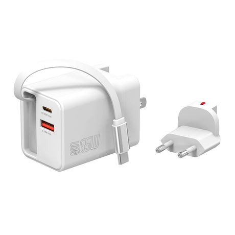 4smarts 65W Flex Jojo Vægoplader m. EU / US Stik & 1 x USB-A & 1 x USB-C & 1 x USB-C Kabel - Hvid