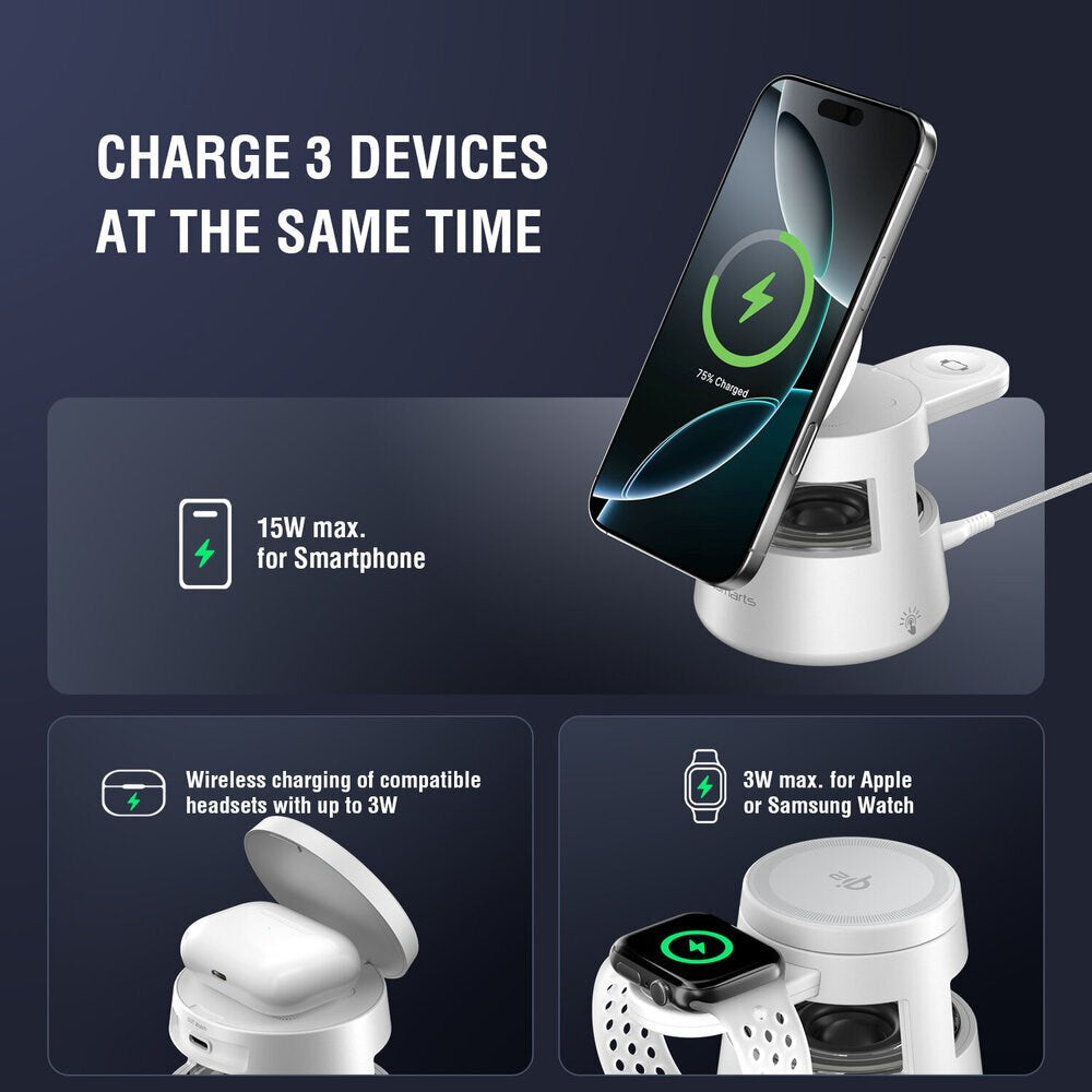 4smarts 3-i-1 Trådløs Oplader - Indbygget Lys / Bluetooth - Smartphone / Smartwatch / AirPods - MagSafe / Qi2 Kompatibel - Hvid