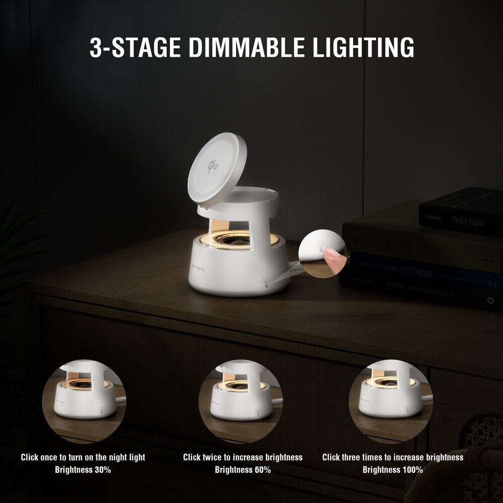 4smarts 3-i-1 Trådløs Oplader - Indbygget Lys / Bluetooth - Smartphone / Smartwatch / AirPods - MagSafe / Qi2 Kompatibel - Hvid
