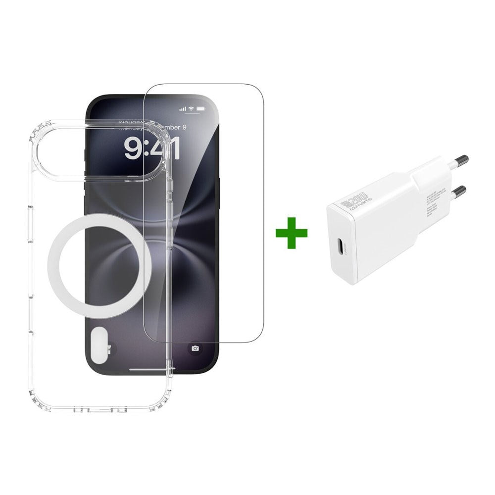 iPhone Air - 4Smarts 3-i-1 Premium Starter Set - MagSafe Mobil Cover, Skærmbeskyttelse & 20W Vægoplader - Gennemsigtig / Hvid