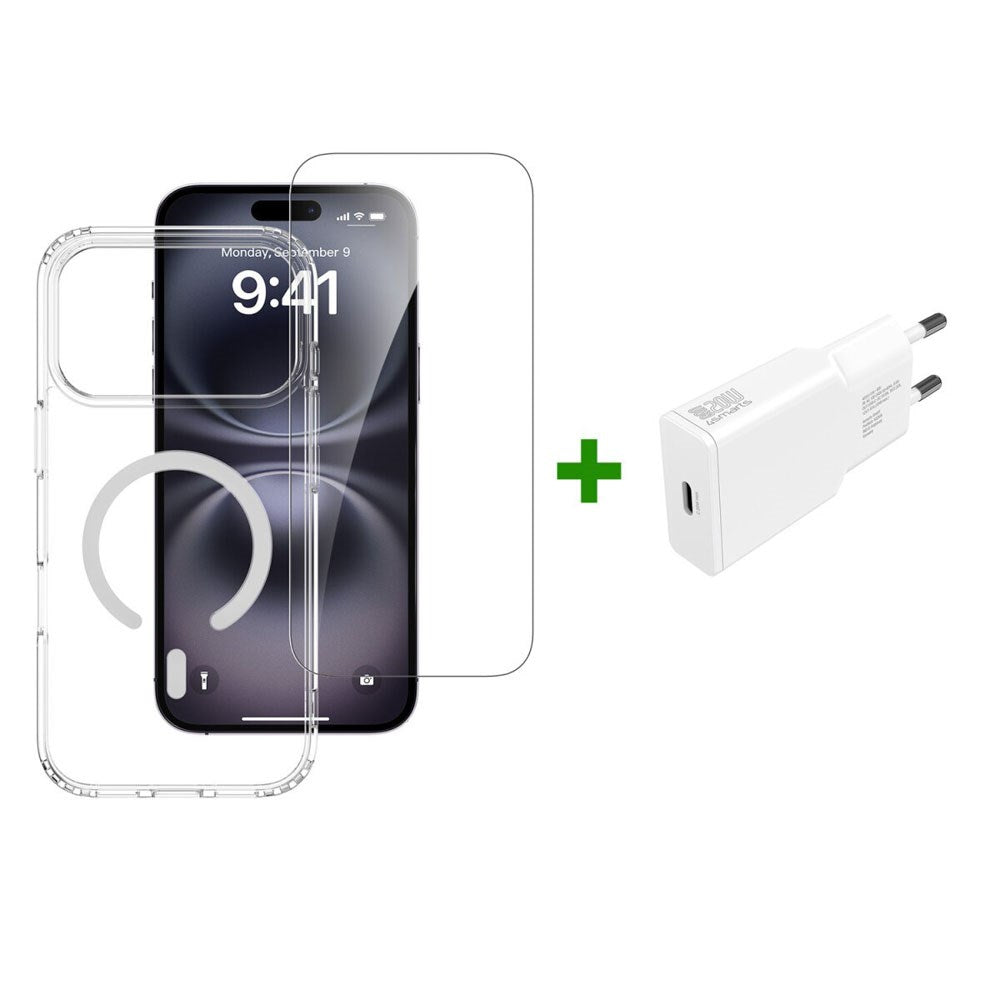 iPhone 17 Pro Max - 4Smarts 3-i-1 Premium Starter Set - MagSafe Mobil Cover, Skærmbeskyttelse & 20W Vægoplader - Gennemsigtig / Hvid