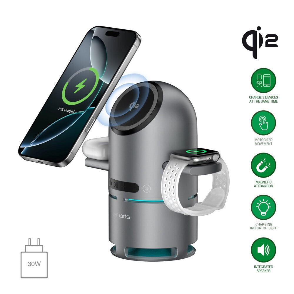 4smarts ChargeBot Sound 3-in-1 Trådløs Oplader m. Indbygget Bluetooth Højtaler - Smartphone / Smartwatch / AirPods - MagSafe / Qi2 Kompatibel - Grå