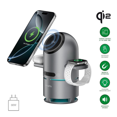 4smarts ChargeBot Sound 3-in-1 Trådløs Oplader m. Indbygget Bluetooth Højtaler - Smartphone / Smartwatch / AirPods - MagSafe / Qi2 Kompatibel - Grå