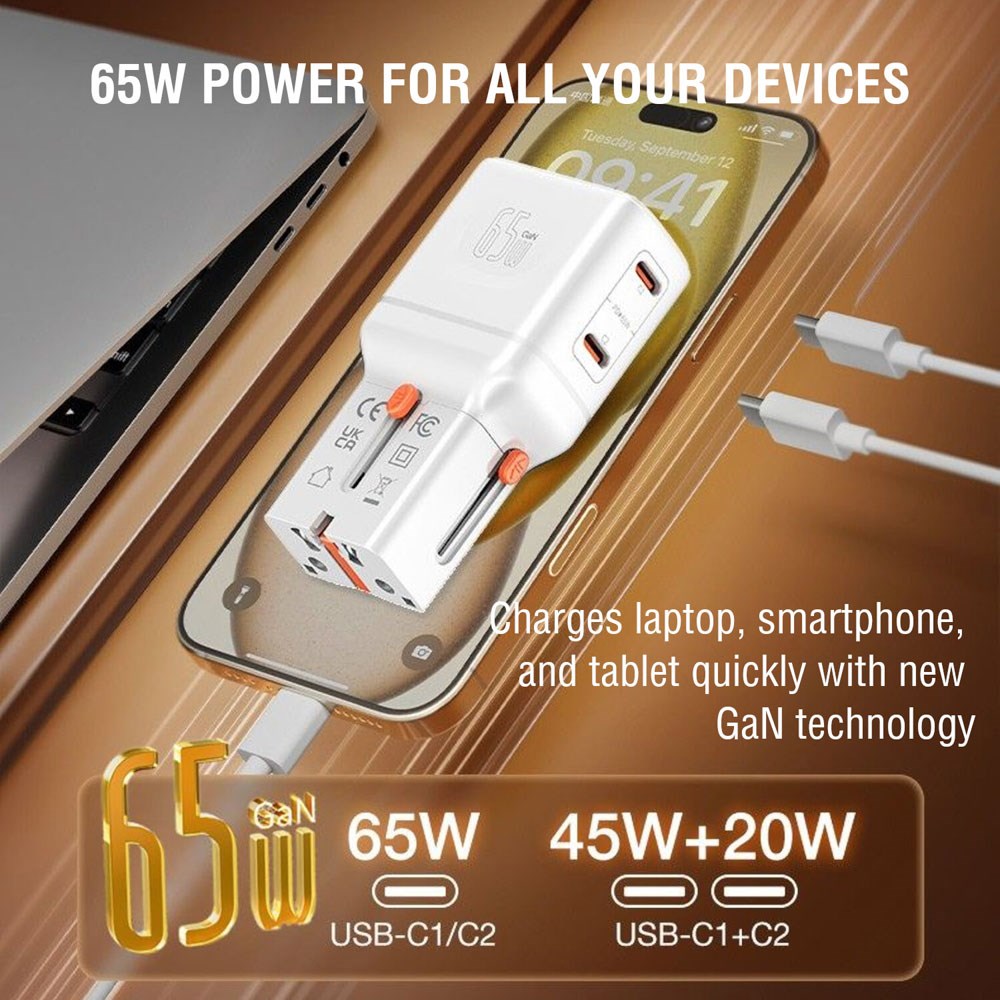 4smarts 65W Rejseadapter til EU/UK/US/AUS m. 2 x USB-C - 1 x USB-A Adapter - Hvid