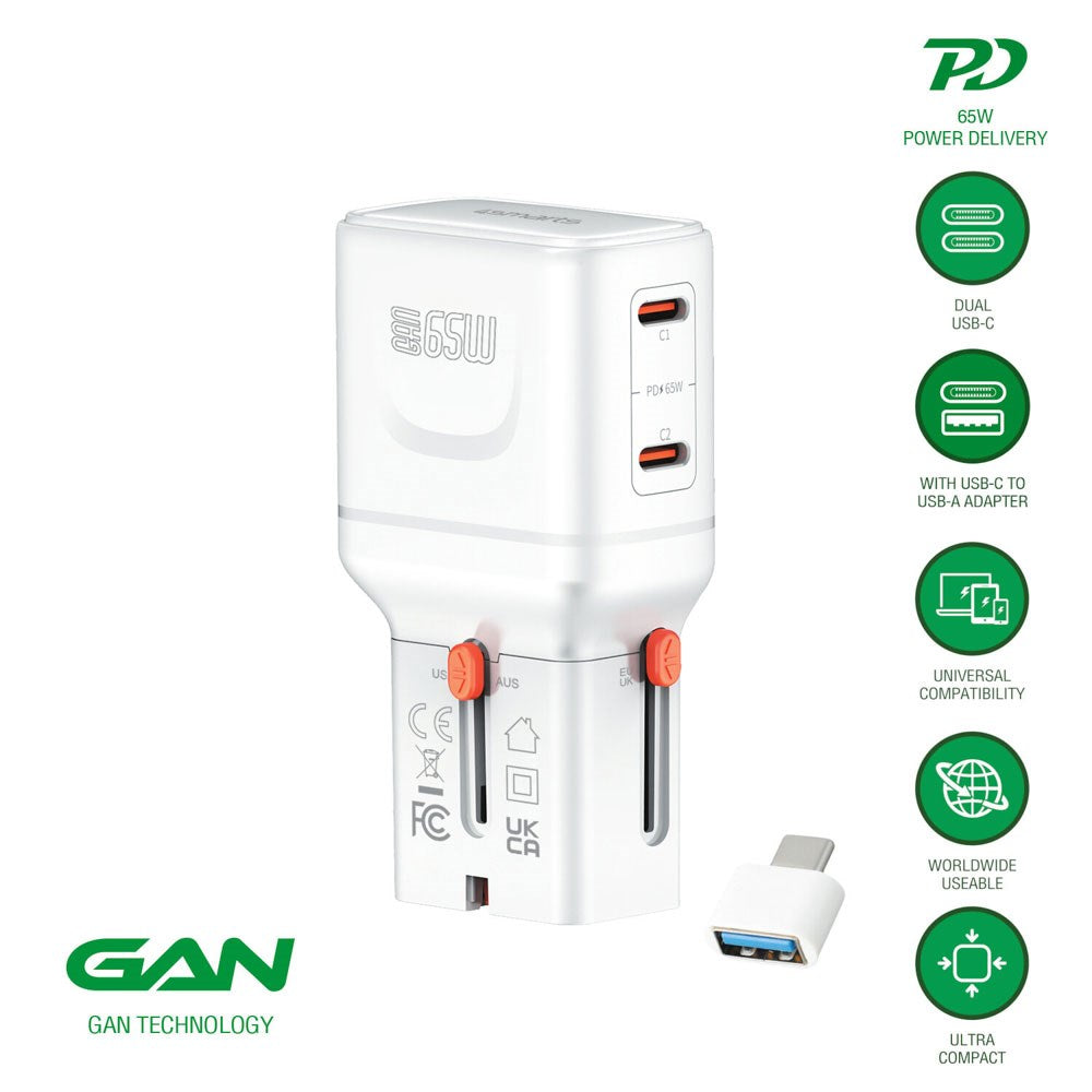 4smarts 65W Rejseadapter til EU/UK/US/AUS m. 2 x USB-C - 1 x USB-A Adapter - Hvid
