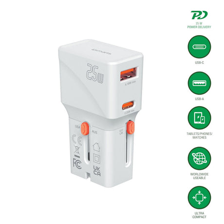 4smarts 25W Rejseadapter til EU/UK/US/AUS m. 1 x USB-C 1 x USB-A - Hvid