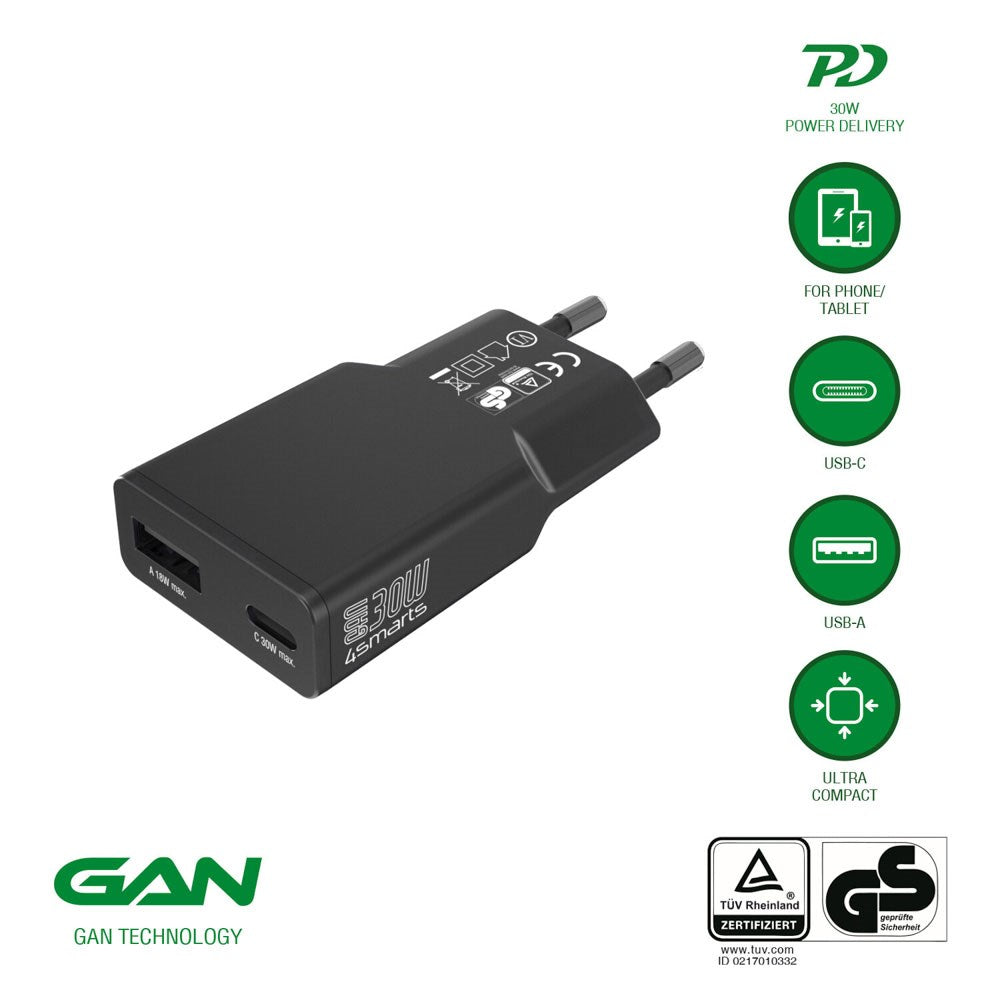 4smarts PDPlug Slim 30W Vægoplader - 1 x USB-C 1 x USB-A - Sort