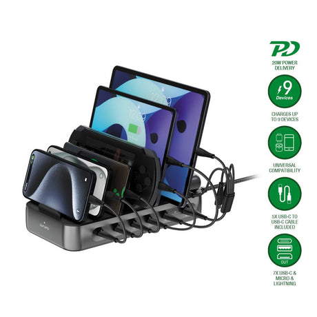 4smarts Ladestation m. 5x USB-C Kabel & 1x 4-i-1 Multikabel - 100W - Sort