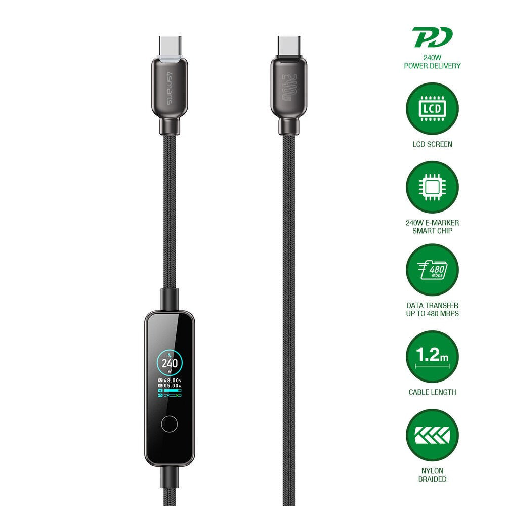 4smarts ScreenCord USB-C til USB-C Kabel - 240W - Indbygget Display - 1.2m - Sort