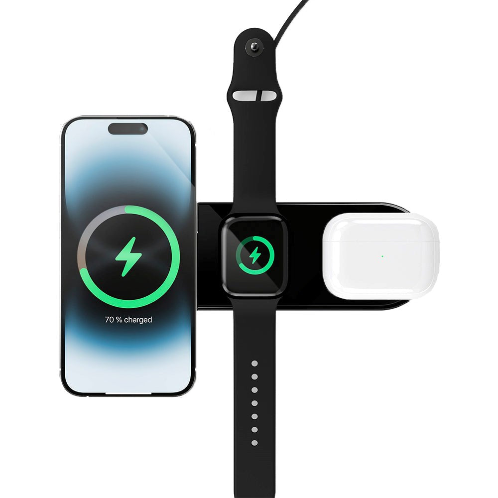 VONMÄHLEN Aura Home 3-in-1 Trådløs Oplader til Smartphone, Apple Watch & AirPods 15W - MagSafe Kompatibel - Sort