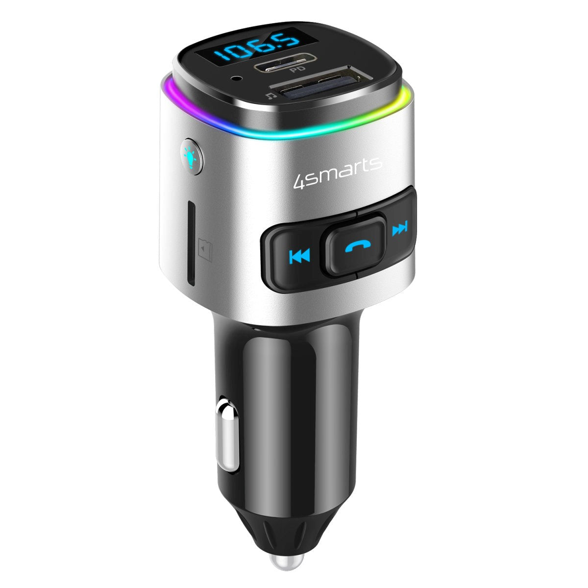 4smarts Media & Assist 2 - Bluetooth FM Transmitter & Biloplader m. USB-C (PD) / USB-A - Sølv