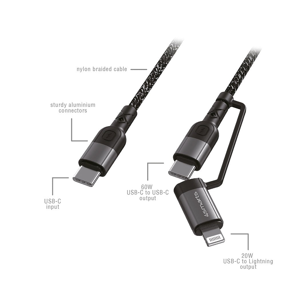 4Smarts ComboCord USB-C til USB-C eller Lightning Kabel - 1,5m. - 60W PD - Sort