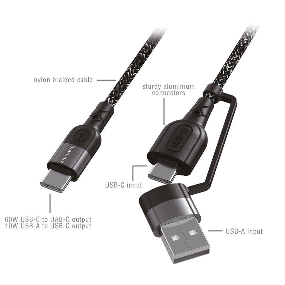 4Smarts ComboCord USB-C eller USB-A til USB-C Kabel - 1,5m. - 60W PD - Sort