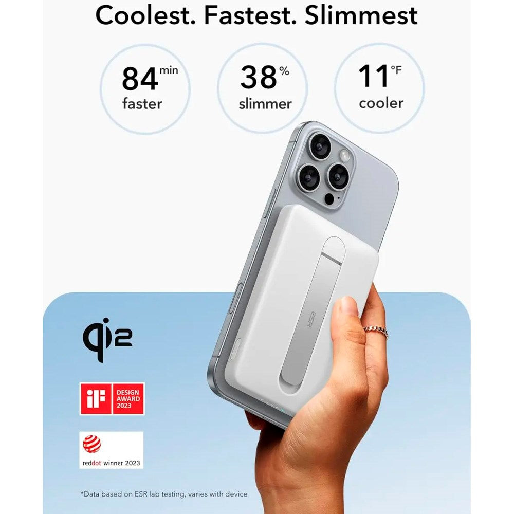 PowerBank m. Kickstand - ESR Qi2 MagSlim - 15W / 5000 mAh - MagSafe Kompatibel - Hvid