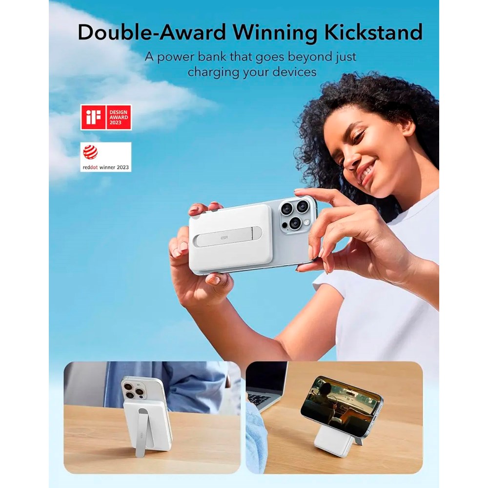 PowerBank m. Kickstand - ESR Qi2 MagSlim - 15W / 5000 mAh - MagSafe Kompatibel - Hvid