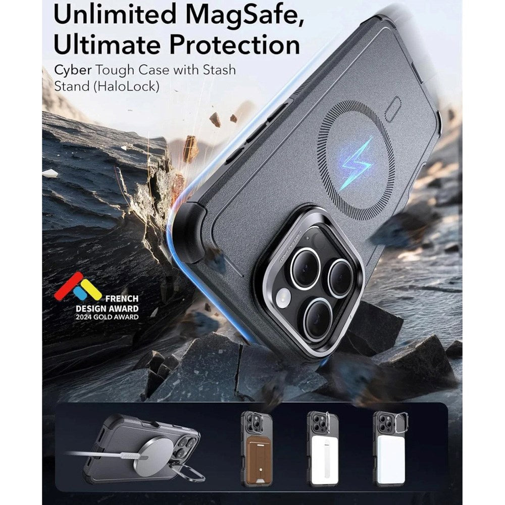 ESR iPhone 16 Pro Cyber Armor Case - inkl. Kickstand - MagSafe Kompatibel - Grå