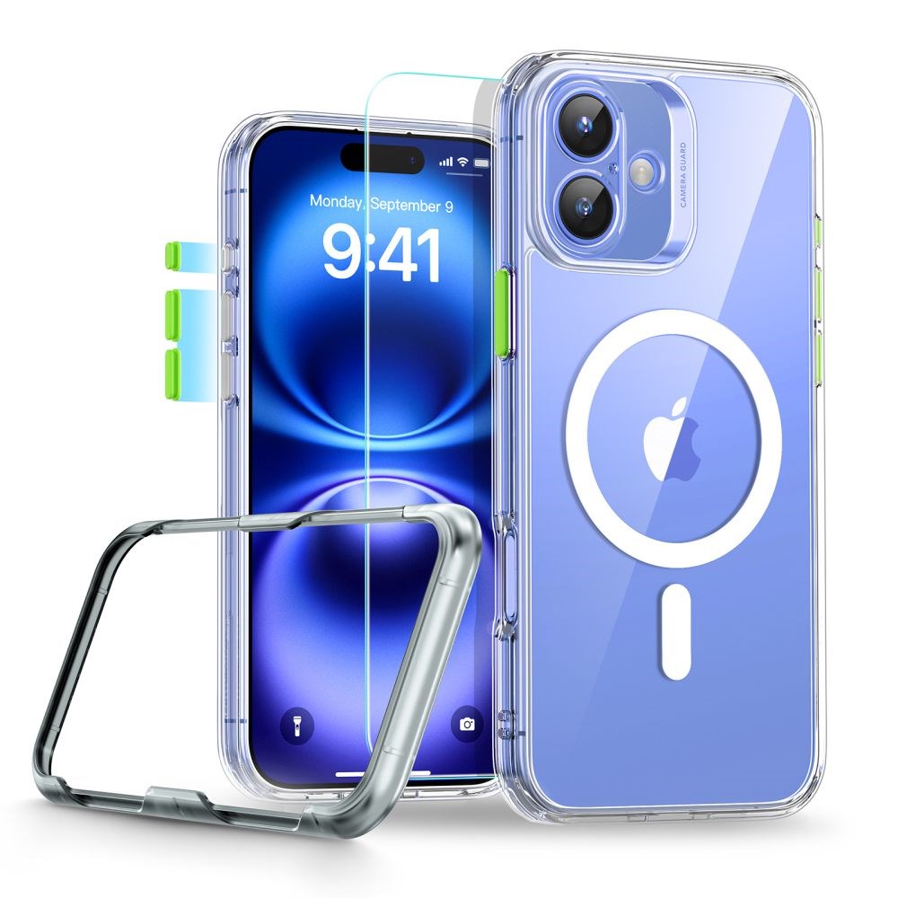 iPhone 16 ESR HaloLock m. Bagside Cover & Beskyttelsesglas - MagSafe Kompatibel - Gennemsigtig