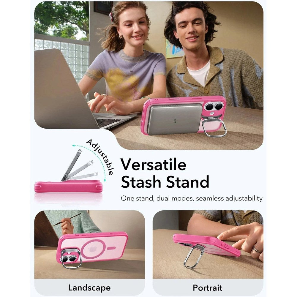 ESR iPhone 17 Classic Hybrid Stash Cover m. Kickstand - MagSafe Kompatibel - Mat Lyserød