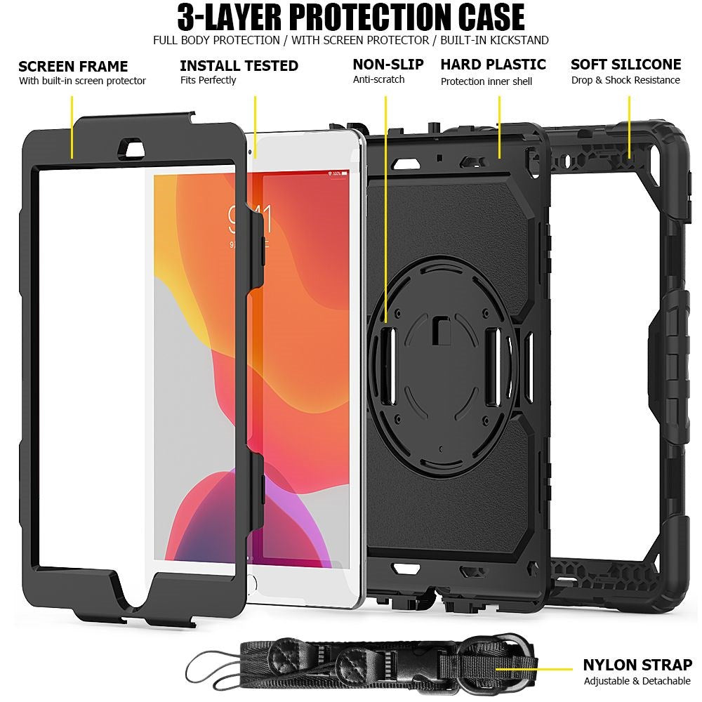 iPad 10.2" (2021 / 2020 / 2019) Tech-Protect Solid360 Case m. Beskyttelsesfilm, Håndholder & Skulderstrop Sort